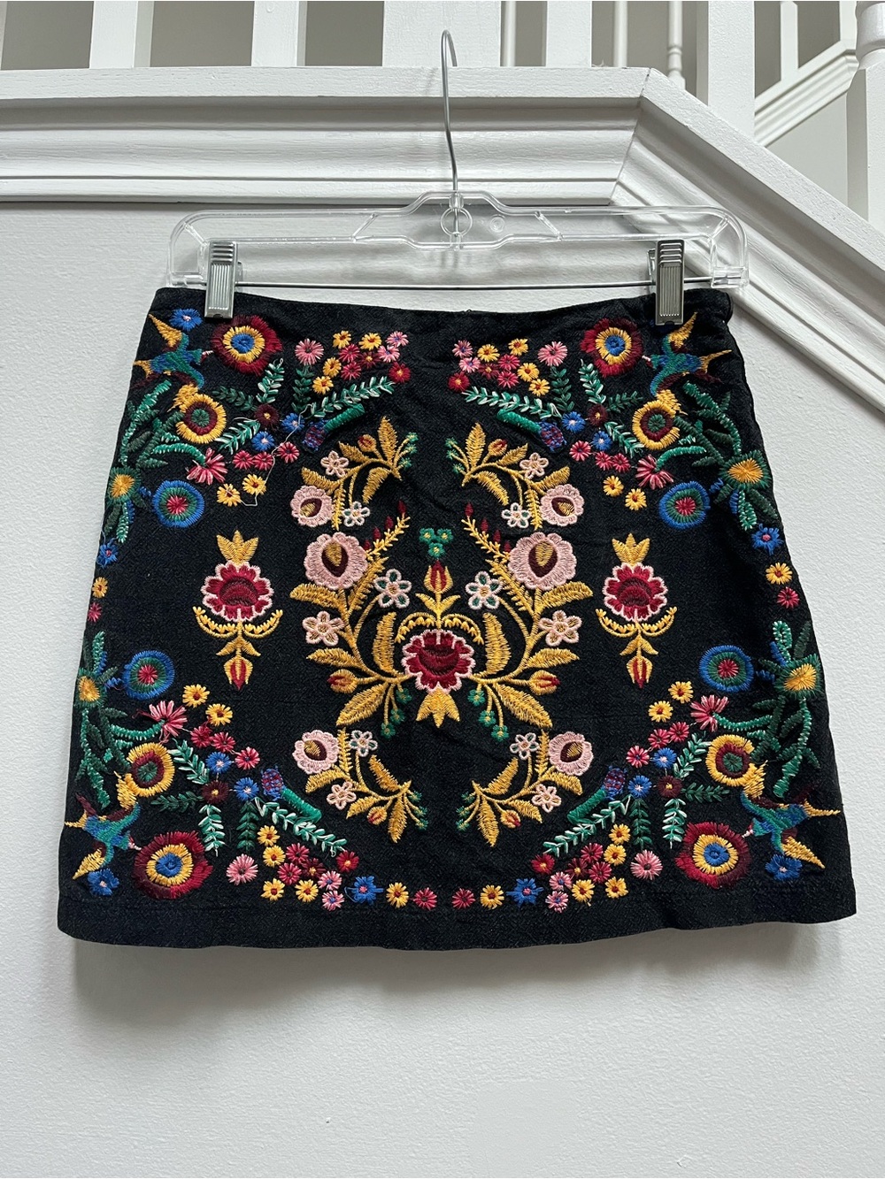 Umgee Black Mini Skirt with Multicolor Floral Embroidery